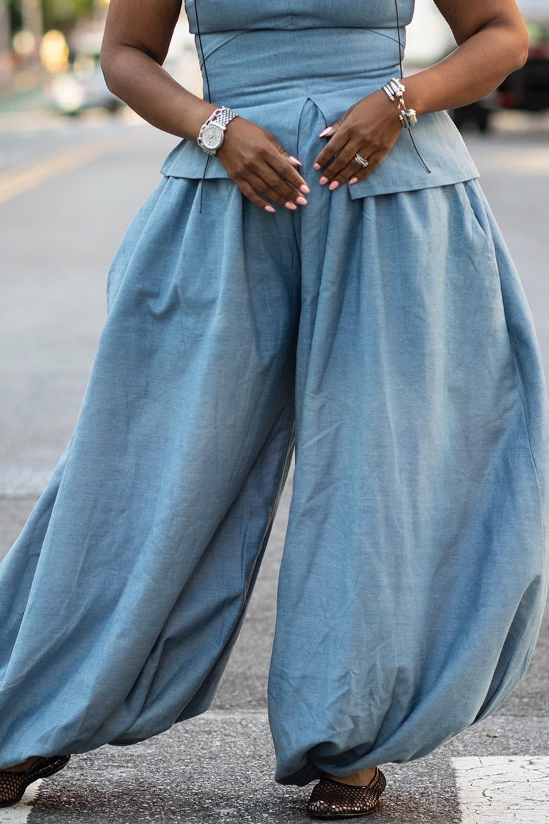 Ladies' Fashionable Casual Denim Vest Top And Denim Wide Leg Pants