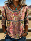 Women's Vintage Print Casual Hollow Denim Shirt