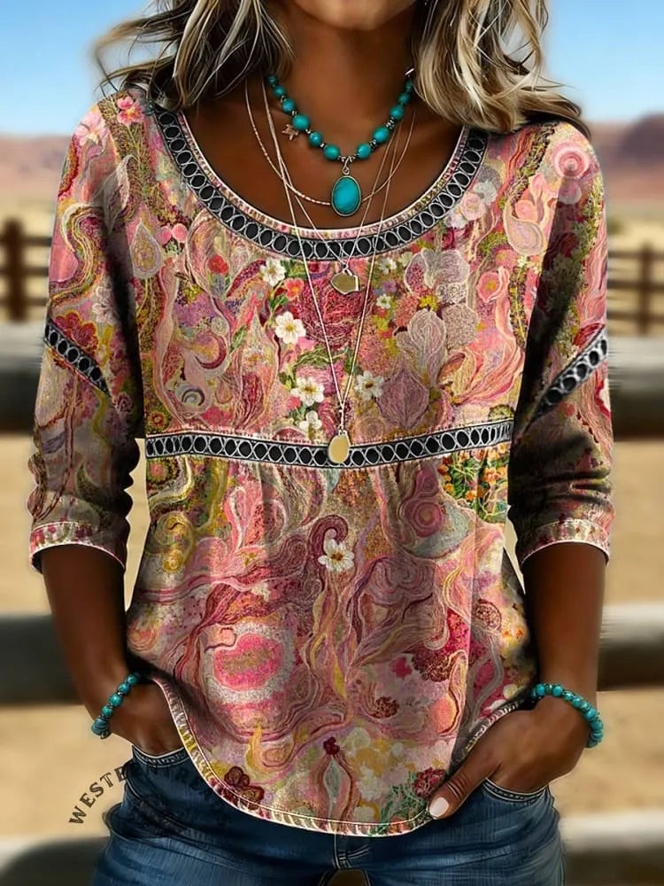 Women's Vintage Print Casual Hollow Denim Shirt