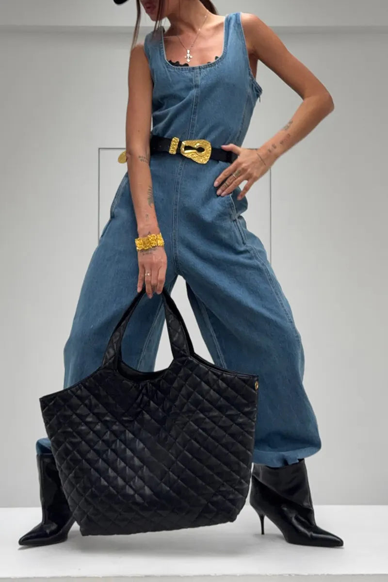 Women's Casual Denim Jumpsuit with Barrel Leg & Pockets