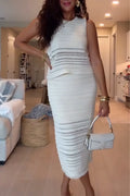 Women's Round Neck Sleeveless Hollow Top+ Half Skirt Elegant Casual Set