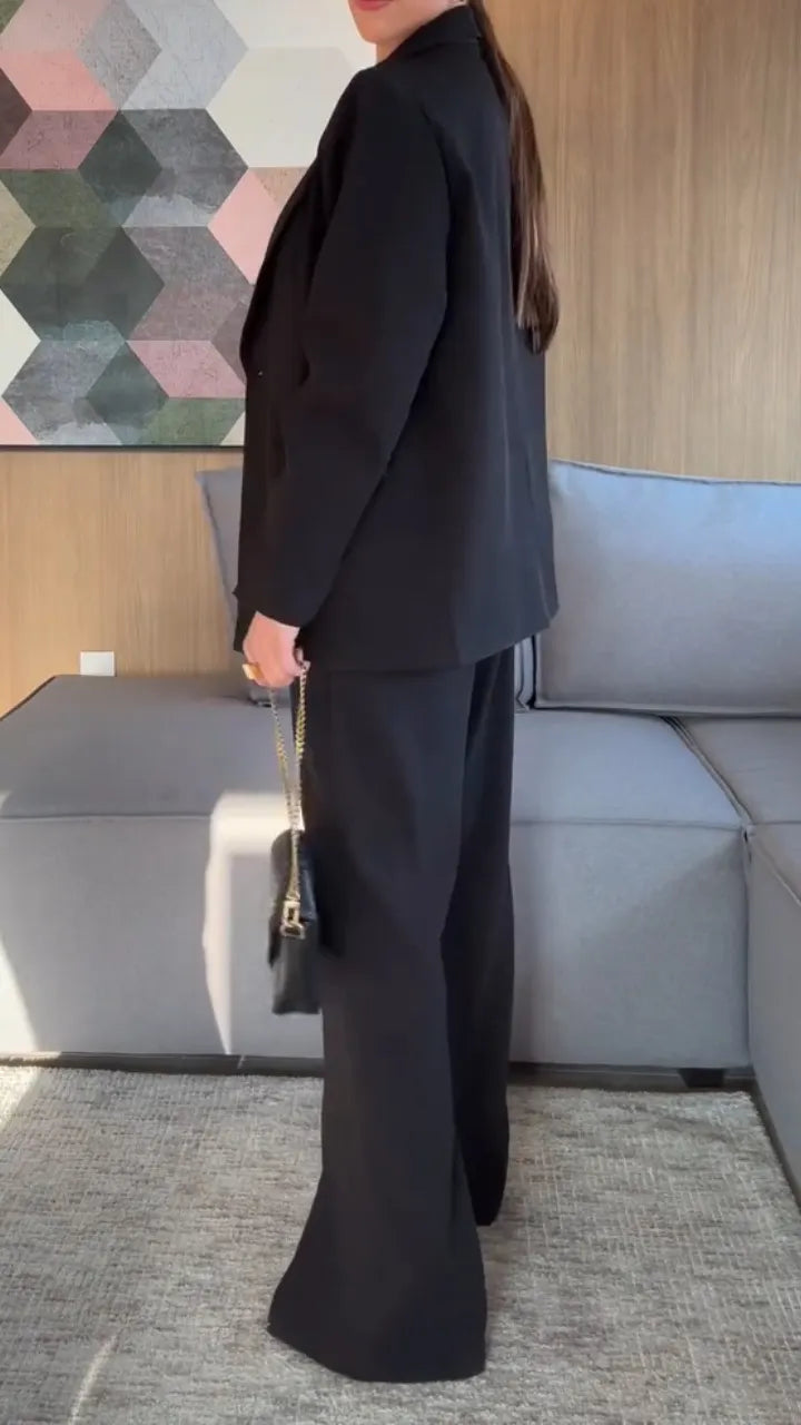 Women Lapel Jacket + Pants Solid Color Temperament Commuter Set