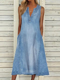 Women's Retro V-neck Sleeveless Denim Dress With Pockets