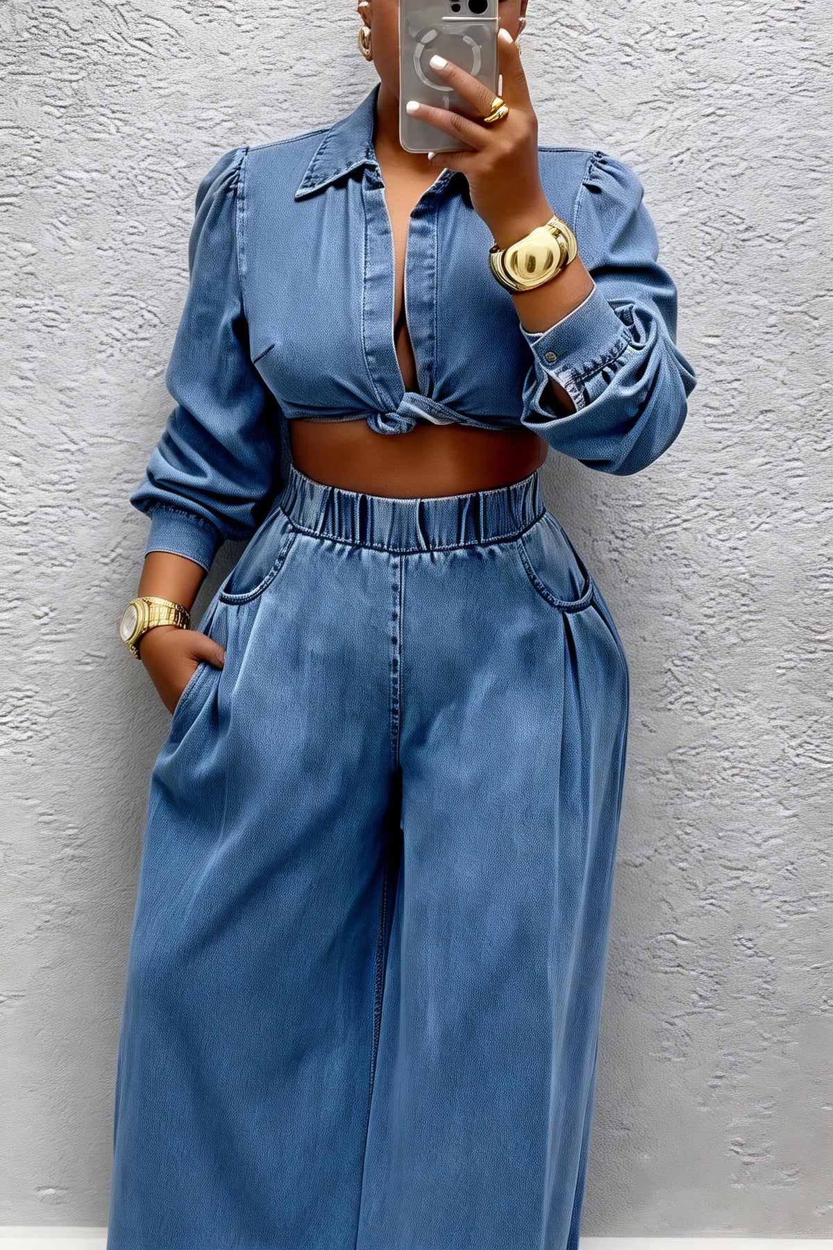 Women's Casual Puff-Sleeve Denim Shirt & Wide-Leg Jeans