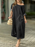 Vintage Washed Denim Dress, Off-the-Shoulder Neckline with Rolled Sleeves & Decorative Pocket