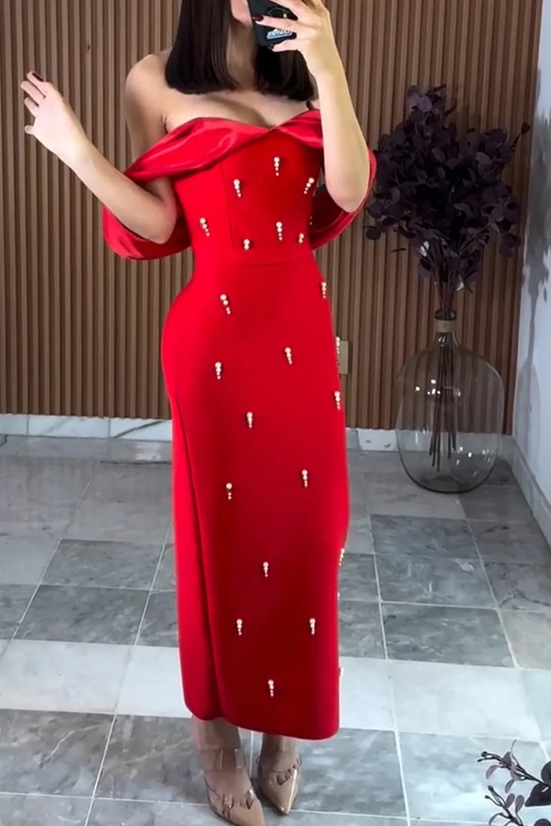Women's Elegant Off Shoulder Beaded Strapless Maxi Dress