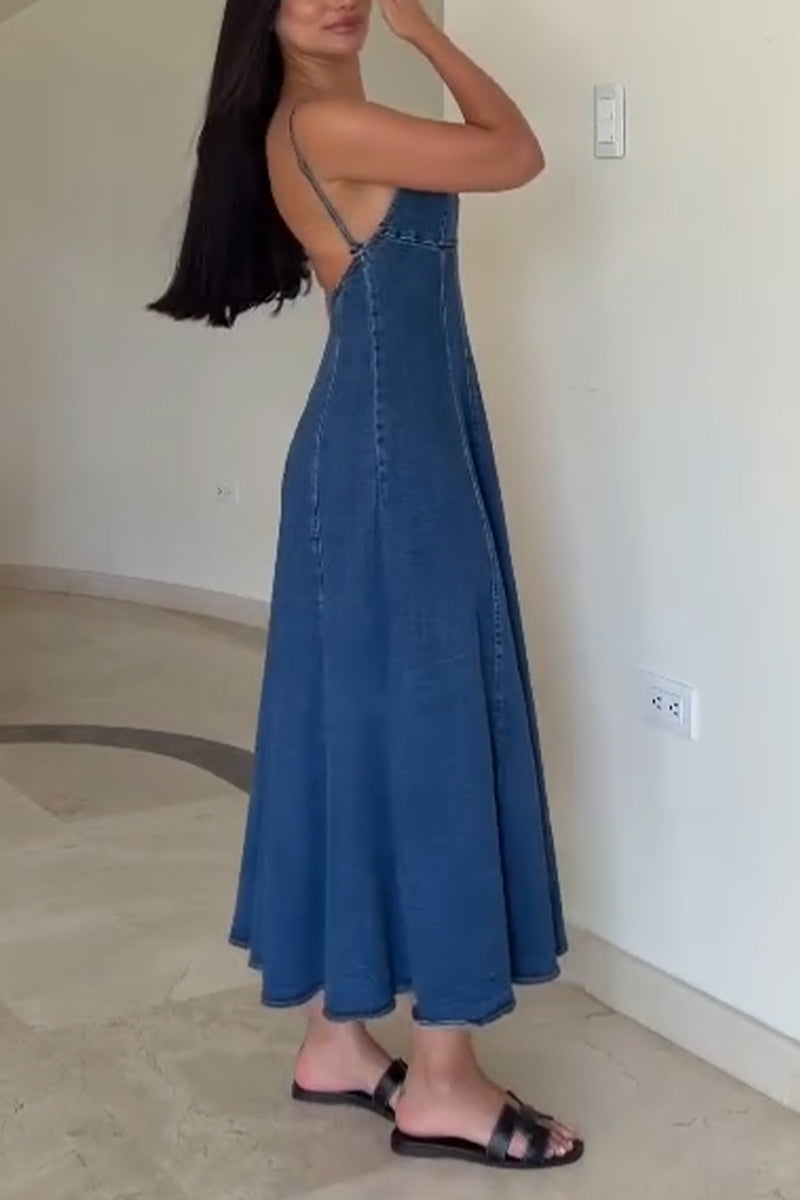 Women's Suspender Patchwork Solid Color Casual Denim Dress