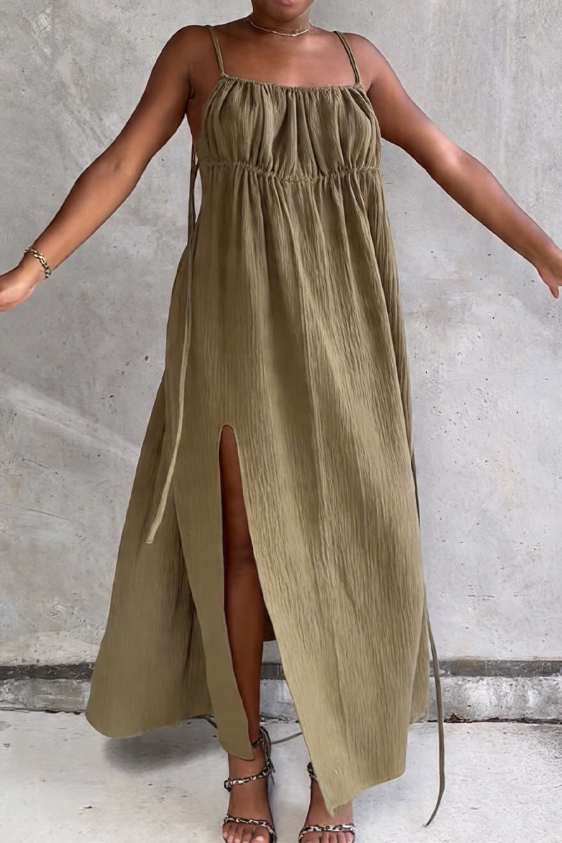 Women's Resort Drawstring Pleated Open Back Dress
