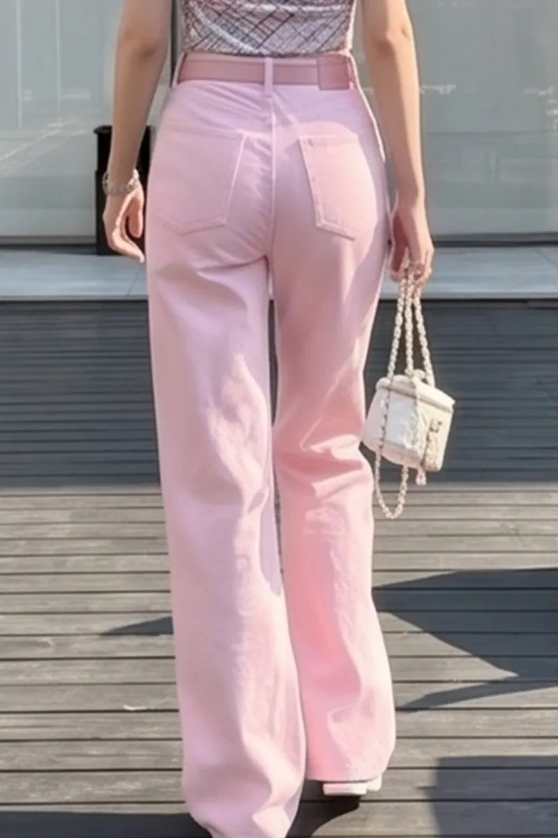 Women's Casual Pink Wide Leg Jeans(Belts Not For Sale)