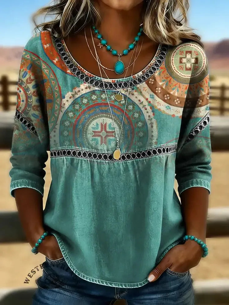 Women's Retro Art Print Casual Hollow Denim Shirt