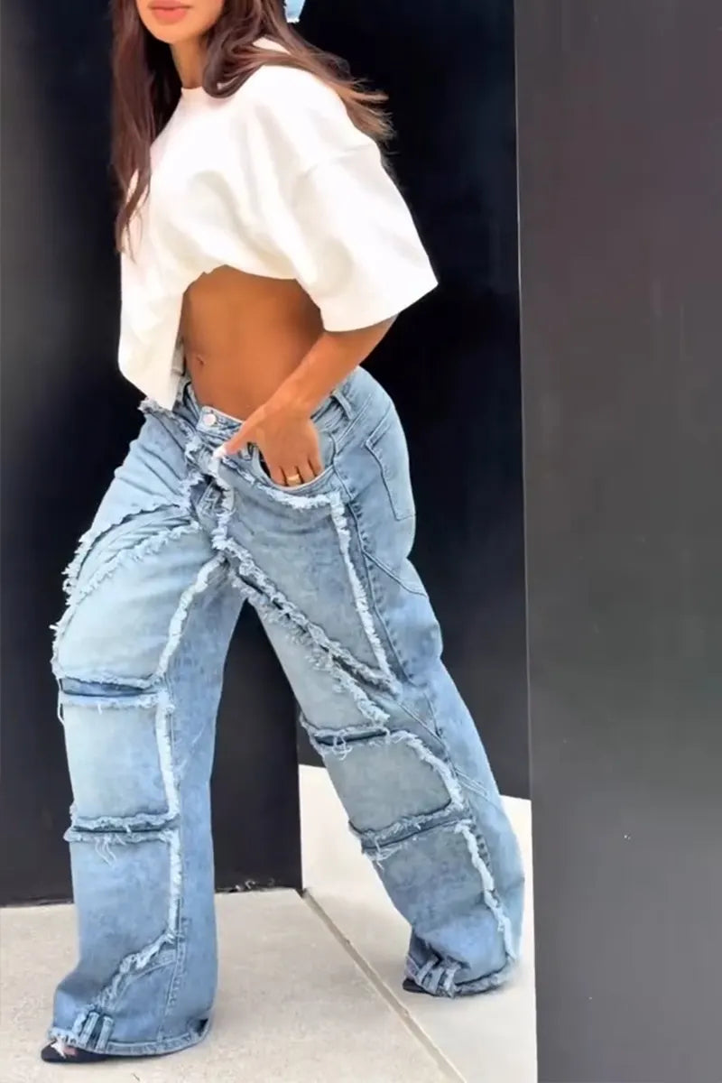 Women's Designer Panel Denim Washed Raw Hem Wide Leg Jeans