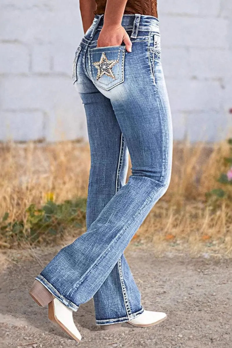 Women's Casual Embroidered Straight Leg Washed Jeans
