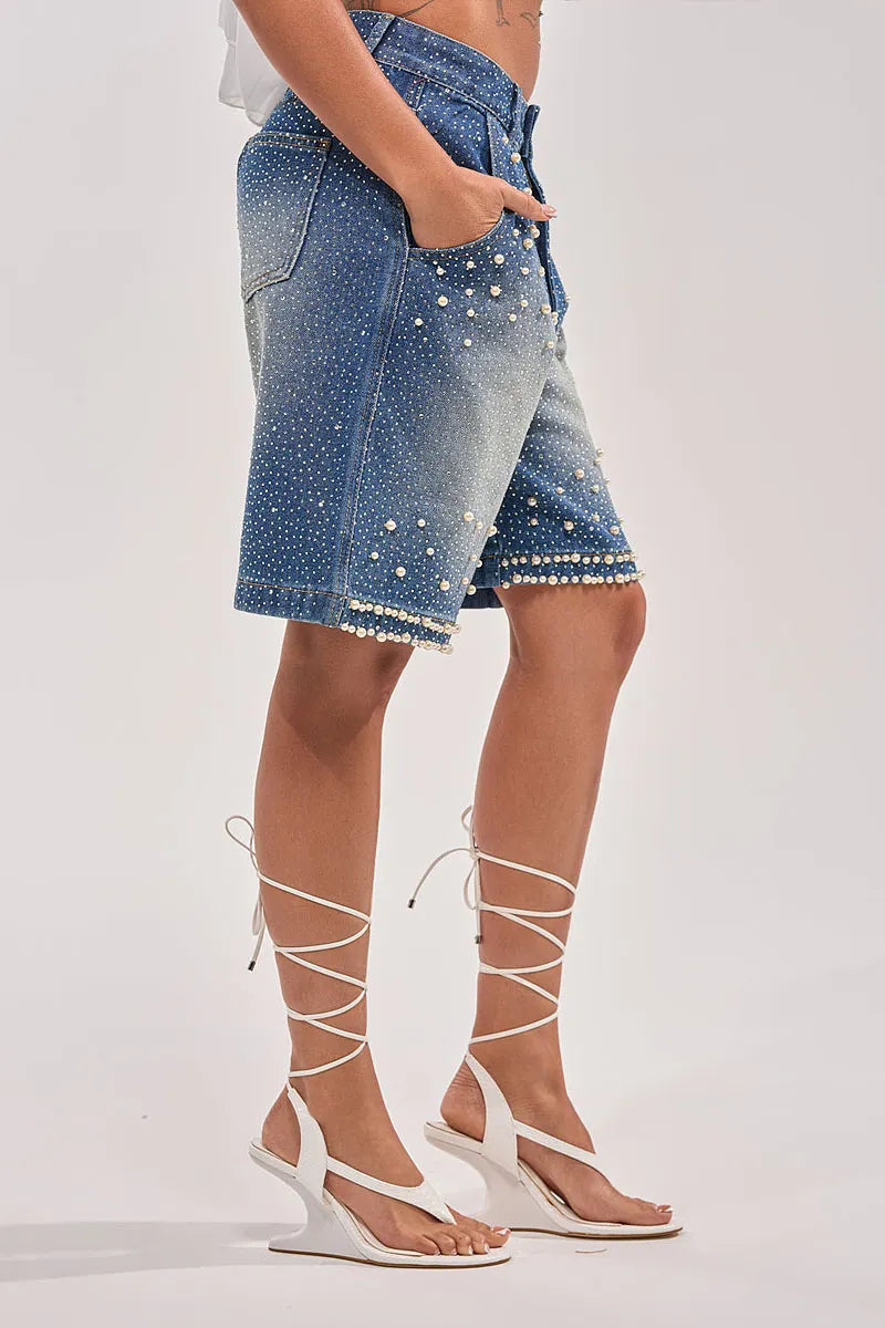 Women's Full Rhinestone Pearl Embellished Jeans