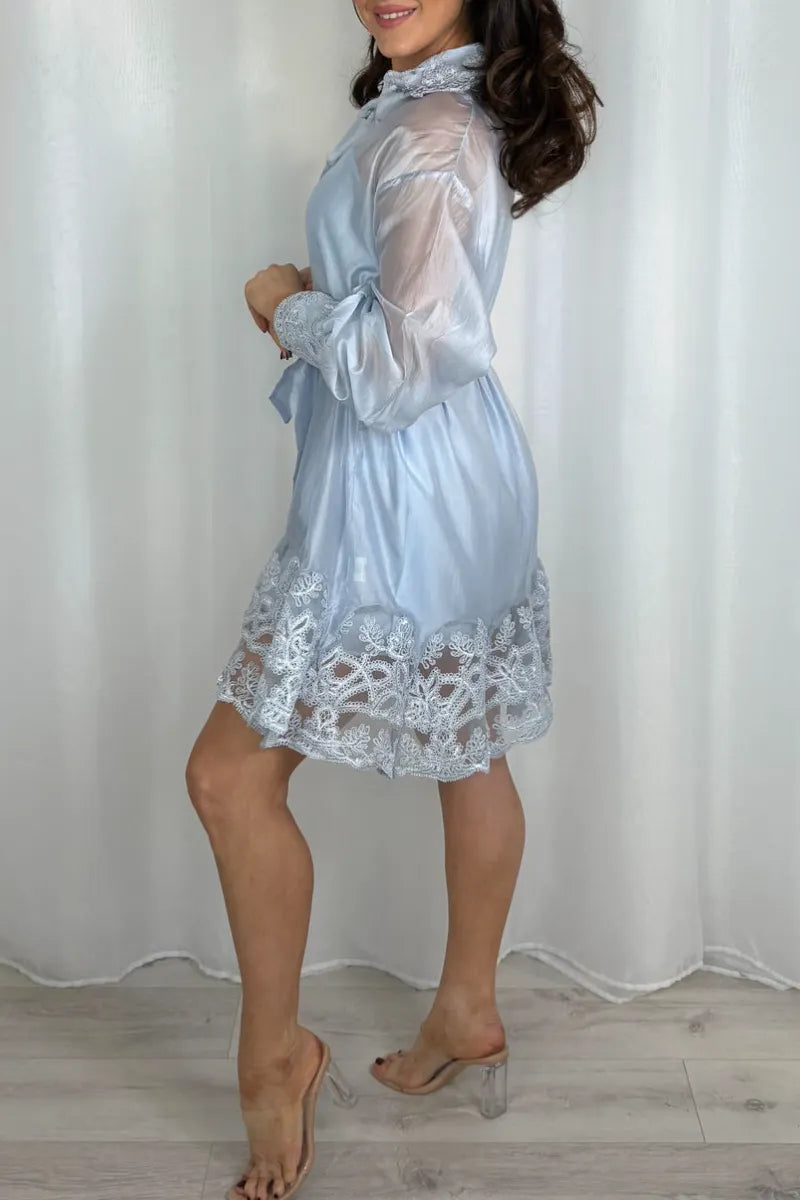 Women Elegant and Casual Satin Lace Shirt Dress