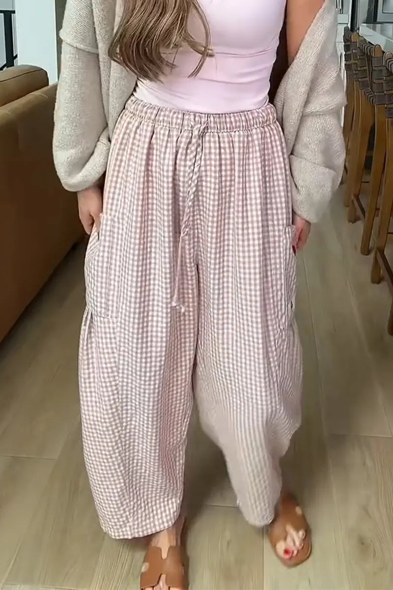 Women Drawstring Plaid Casual Loose Linen Pants