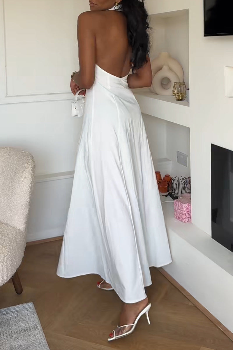 Women's Casual Lapel Backless Button Maxi Dress