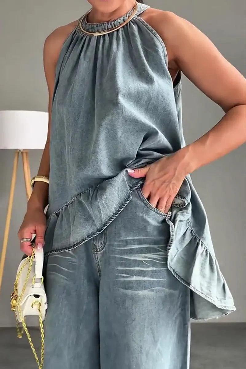 Women'sHalter Ruffle Asymmetrical Top Or Wide Leg Denim Pants
