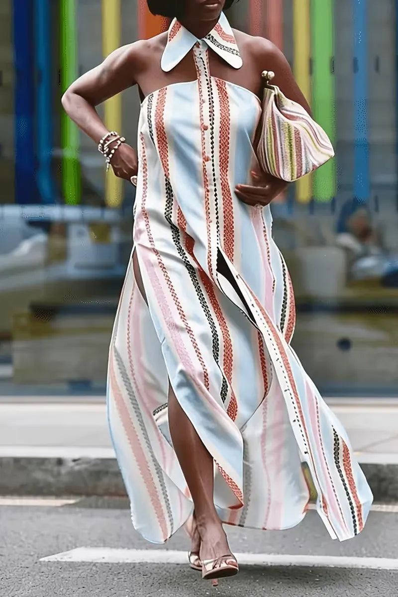Women's Summer CasualHalter Collar Stripe Print High Slit Satin Maxi Dress