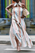 Women's Summer CasualHalter Collar Stripe Print High Slit Satin Maxi Dress