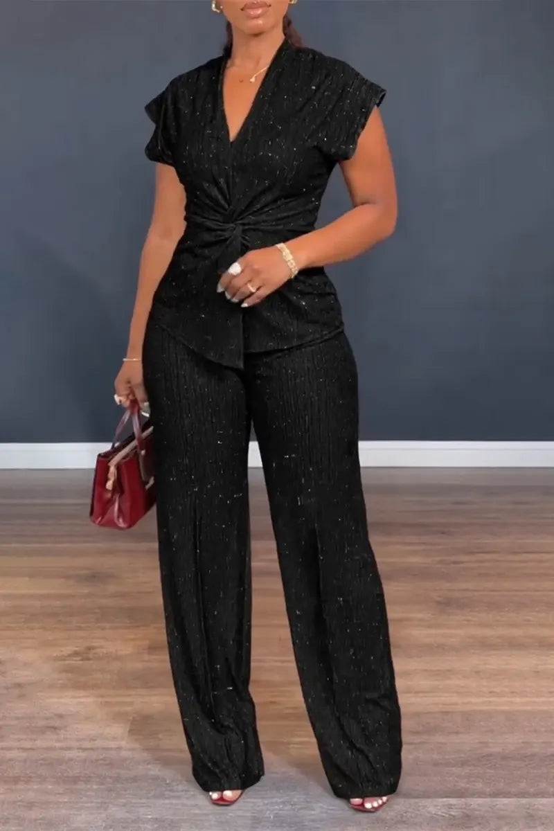 Women's V-neck Pleated Sparkling Casual Suit