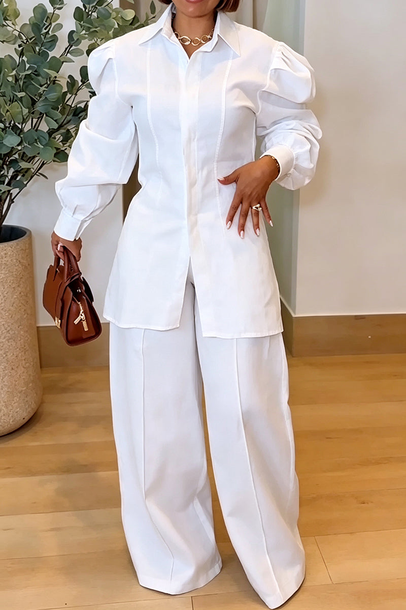 Women's Casual Leg of Mutton Sleeve Shirt Wide Leg Pants Two-Piece Set