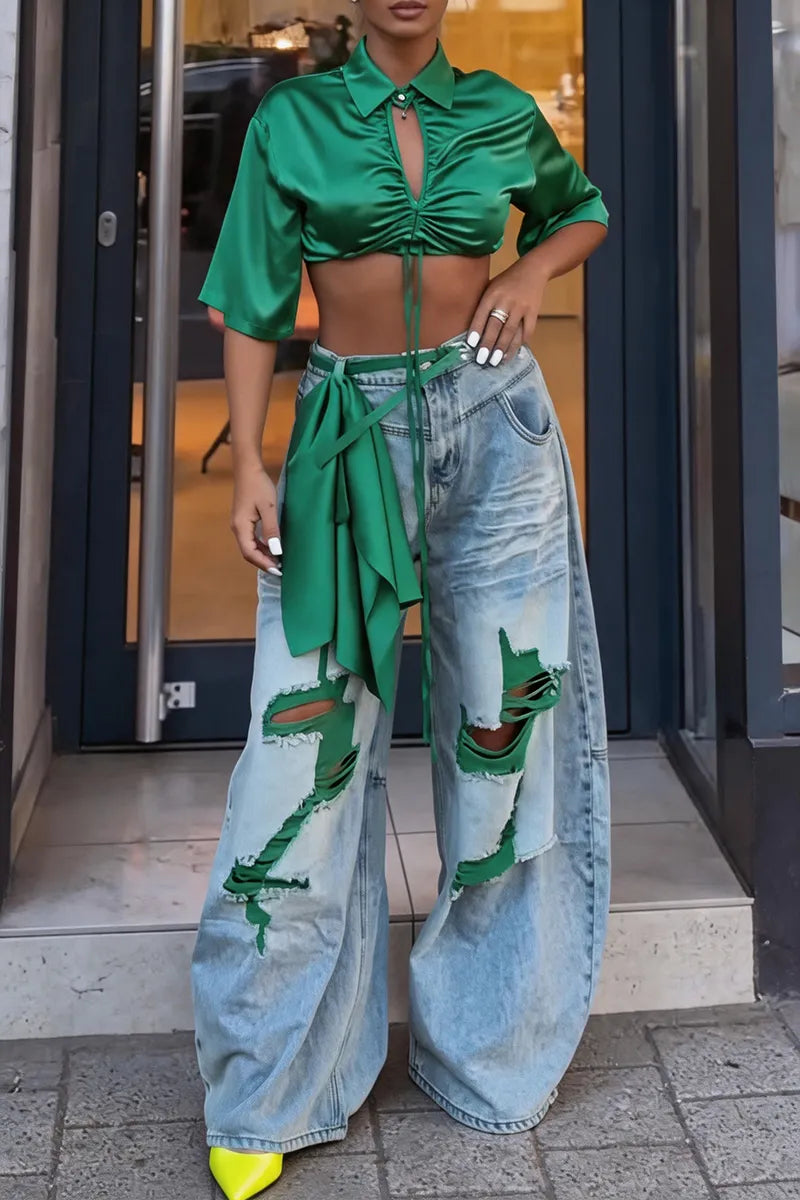 Women's Fashion Short Drawstring Pleated Top or Ripped Wide Leg Jeans