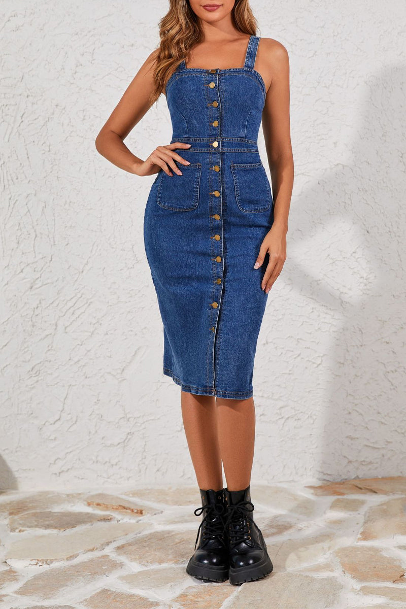 Women's Single Breasted Cami Denim Midi Dress