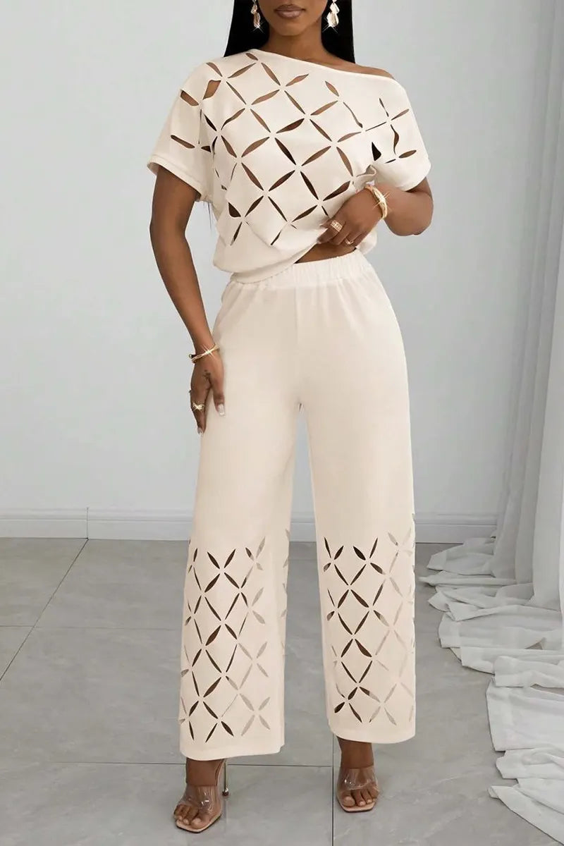Women's Casual Burnout Pattern Cut-Out Top Pants Two-Piece Set