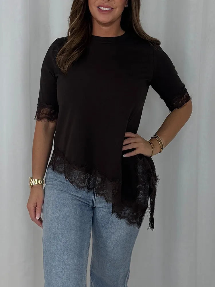 Women Round Neck Patchwork Lace Irregular Casual Top