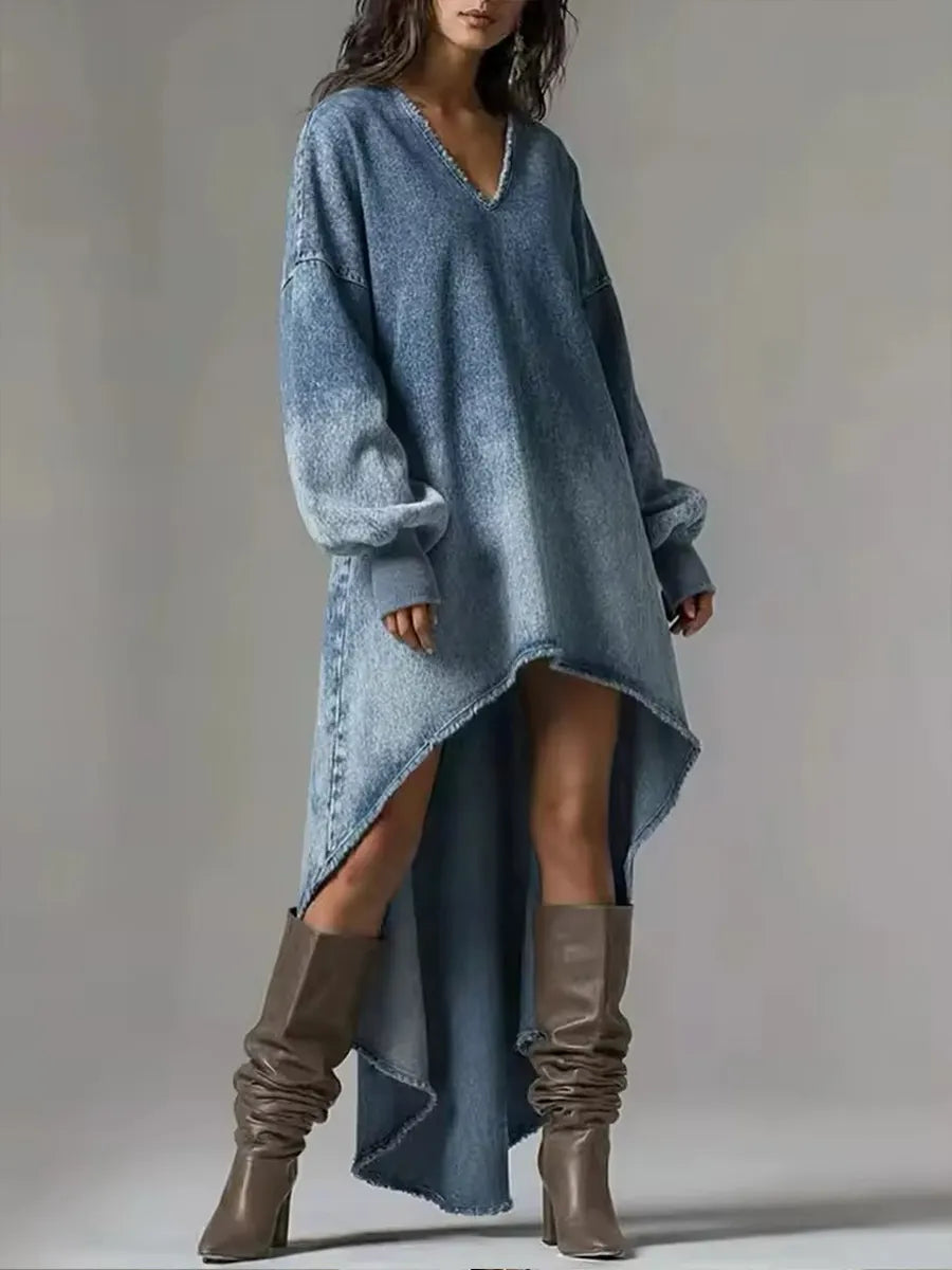 Women's V-neck Long-sleeved Casual Loose-fitting Denim Dress With A Shorter Front And Longer Back Hem.