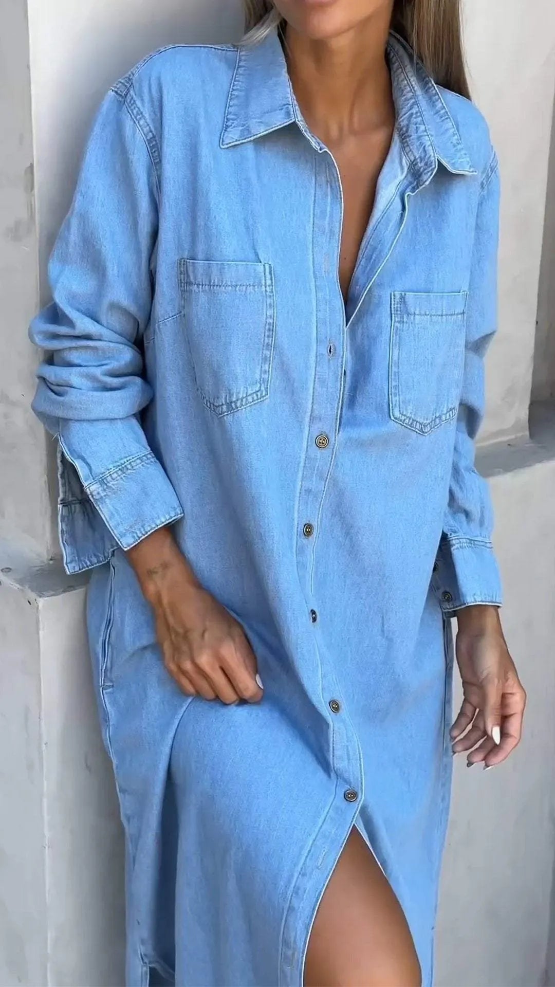 Women's Lapel Denim Extra Long Slit Casual Dress