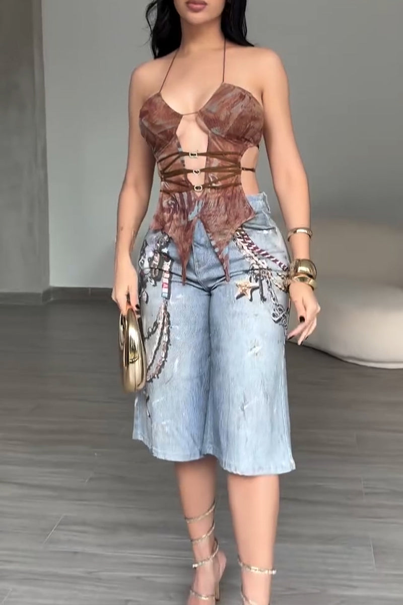 Women's Fashion Chain Pattern Print Wide Leg Short Jeans
