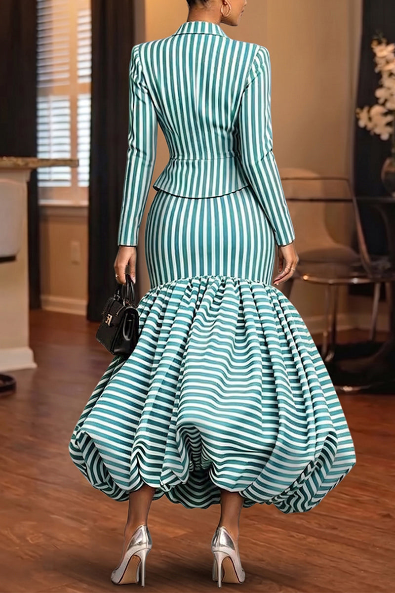 Women's Elegant Slim Stripe Shirt or Balloon Hem Skirt