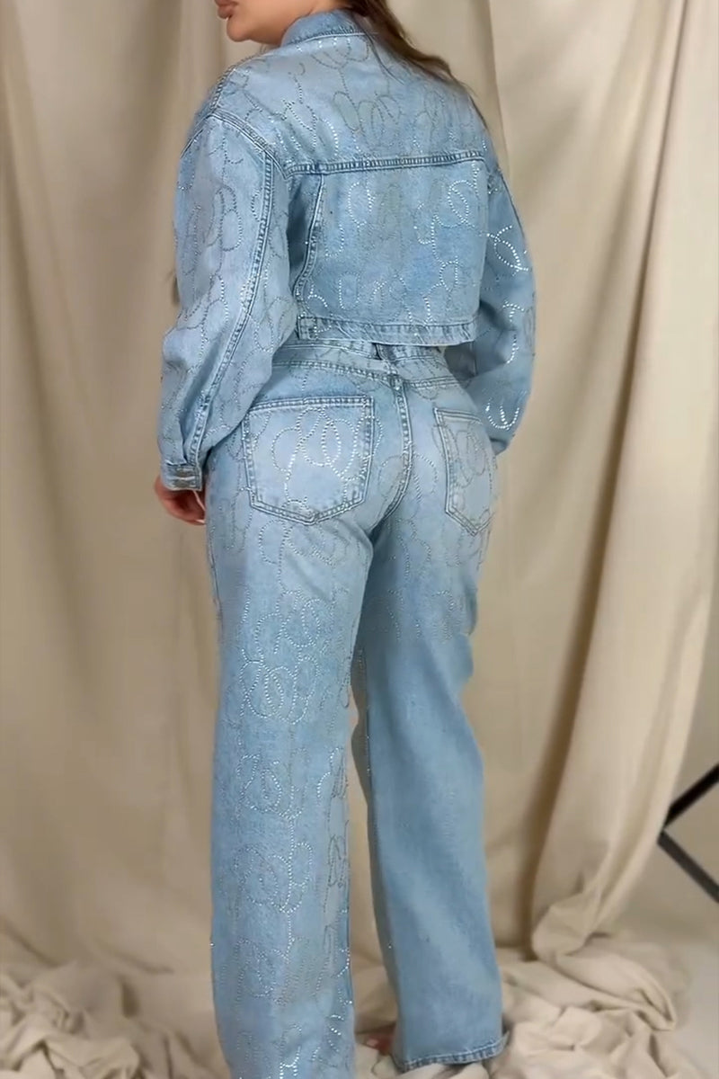 Women's Fashion Pattern Rhinestone Short Denim Jacket or Jeans