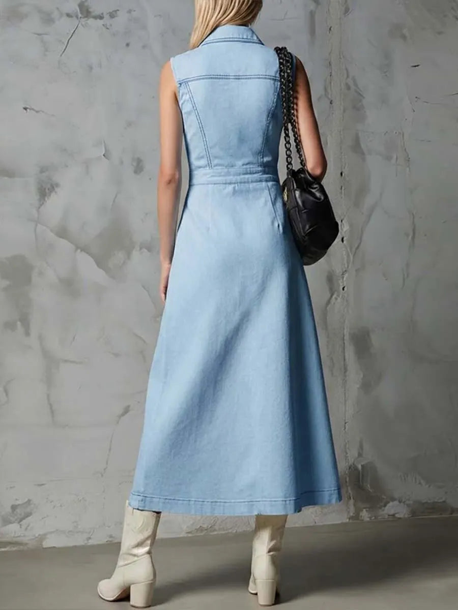 Women's Sleeveless Casual Loose Denim Dress With Lapel Collar