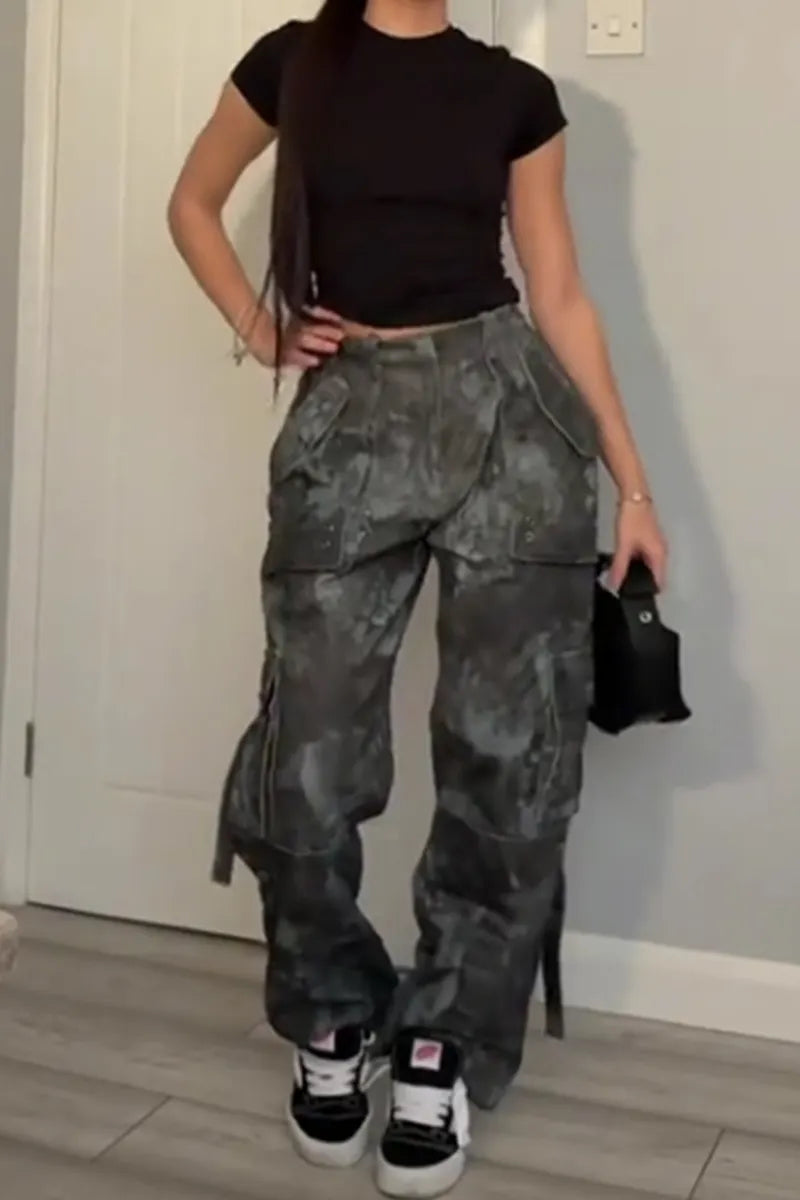 Women's Printed Street Style Jogger Jeans With Multiple Pockets