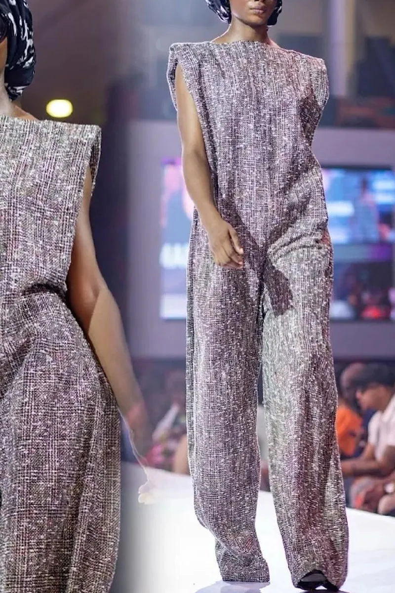 Women's Elegant Classic Tweed Sleeveless Square Neck High Waist Jumpsuit
