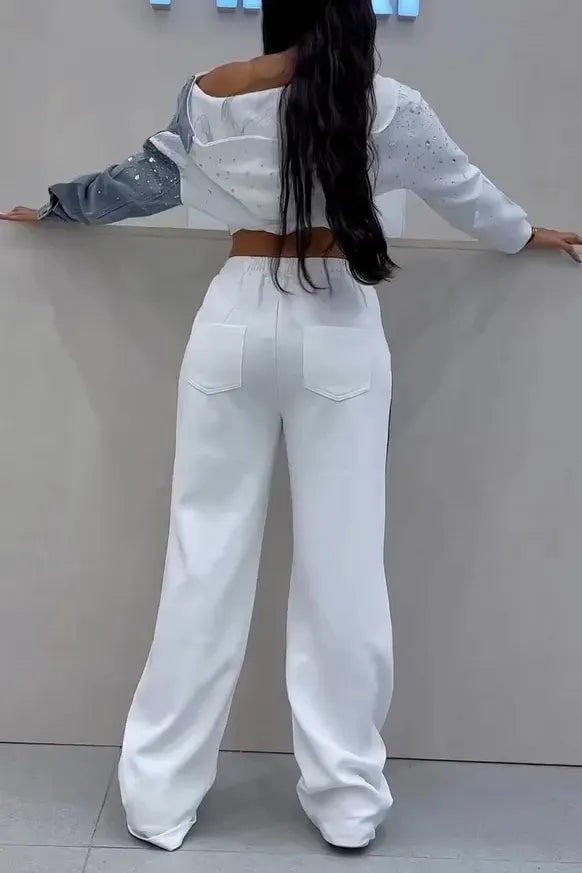 Fashion Hotfix Rhinestone Denim Panel Hooded Jacket + Casual Pants