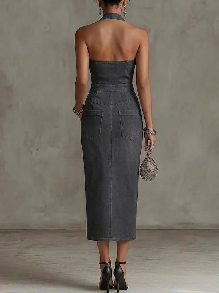 Slim-fit Denim Dress With Lapel Collar, Zipper, Halter Strap, 3d Floral Accents, And Side Slit