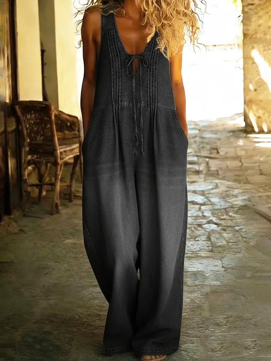 Hollow Pleated Pockets Solid Color Split-Joint Tied Loose Sleeveless Deep V-Neck Jumpsuits