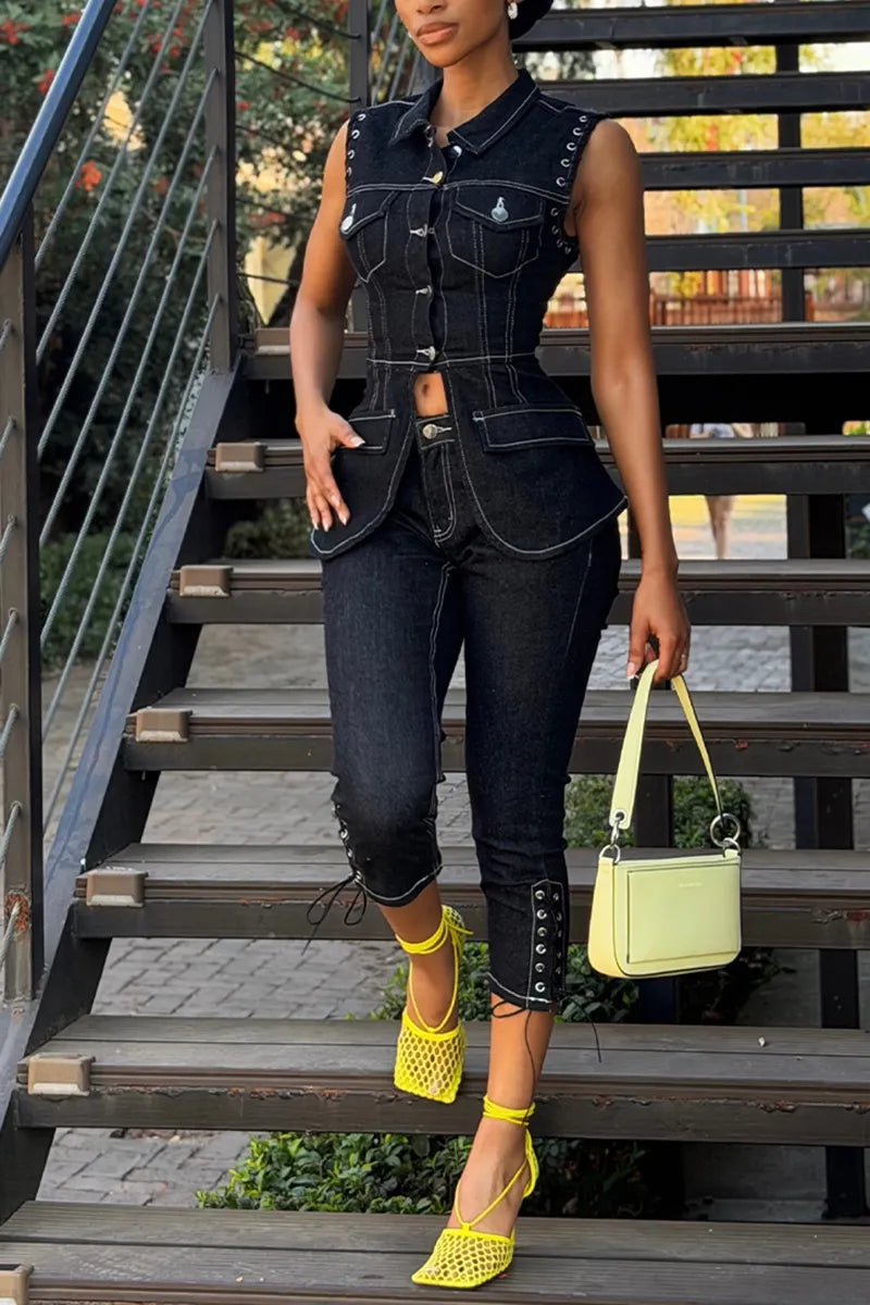 Women's Fashion Button Denim Vest or Slim Denim Shorts