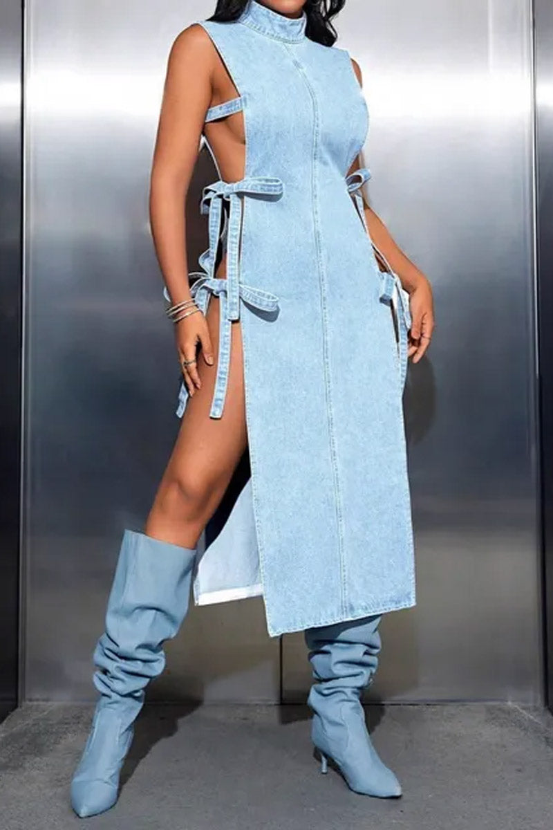 Hot Selling Women's Casual Sleeveless High Neck Washed Denim Mid Length A-Line Dress