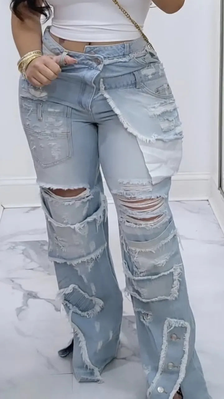 Women's Ripped Patchwork Casual Jeans
