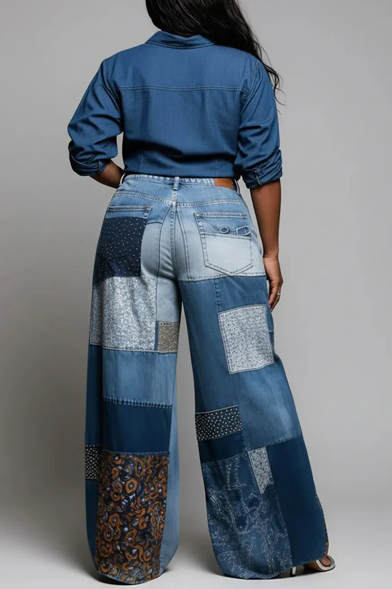 Women's Casual Patchwork Design Wide Leg Jeans