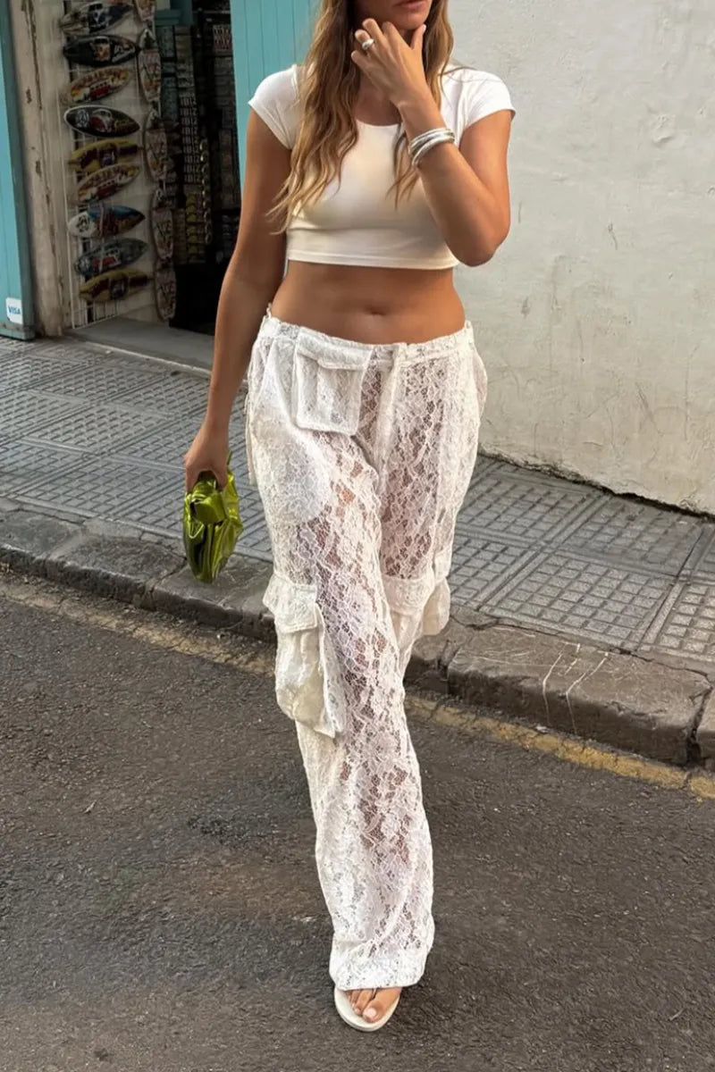 Women's Summer Casual Lace Sheer Cargo Pants