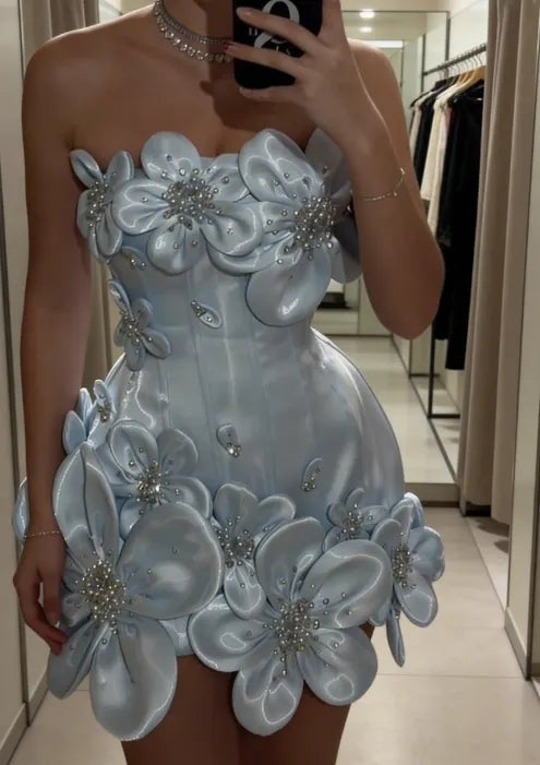 Cute Pink Prom Dress Satin Sheath Spaghetti Straps Evening Dress 3D Appliques Sleeveless Short Birthday Dress ED07331