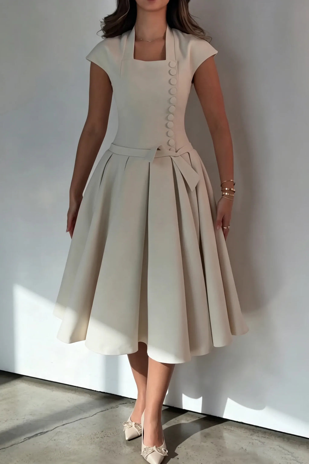 Women's Elegant Button Waist Cinching Pleated Hem Midi Dress