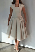 Women's Elegant Button Waist Cinching Pleated Hem Midi Dress