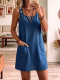 Women's Art Print Round Neck Sleeveless Cotton Denim Dress