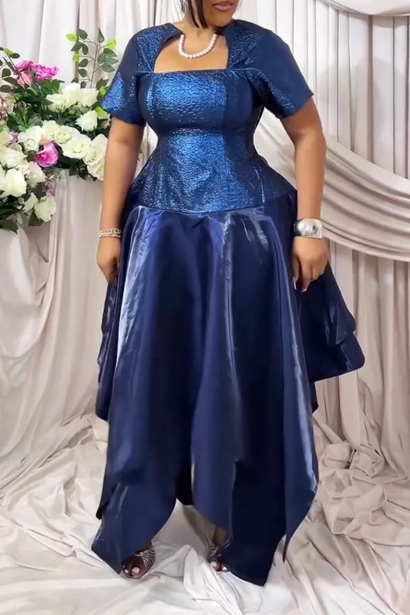 Women Square Neckline Shiny Surface Splicing Elegant Temperament Evening Party Style Dress